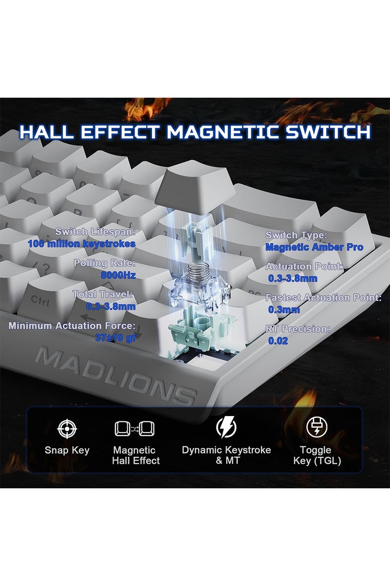 مادليونس لوحة المفاتيح الميكانيكية MAD 68 HE - لوحة ألعاب بنسبة 65% مزودة بتقنية التأثير المغناطيسي (هال إفكت) - تتميز بقابلية ضبط مسافة التشغيل (Adjustable Actuation) وتقنية الاستشعار السريع (Rapid Trigger)، معدل مسح 8000 هرتز، أغطية مفاتيح PBT مطبوعة جانبيًا، إضاءة RGB بـ 16 مليون لون مع تقنية التبديل الساخن (Hot-Swap) (اللون الأبيض، ومفاتيح مغناطيسية كهرمانية احترافية) - Image 3