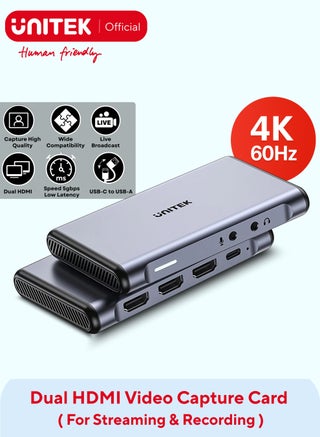 4K@60Hz Video Capture Card – Dual 4K HDMI Loop-Out, USB-C 5Gbps, Plug & Play for Gaming & Live Streaming