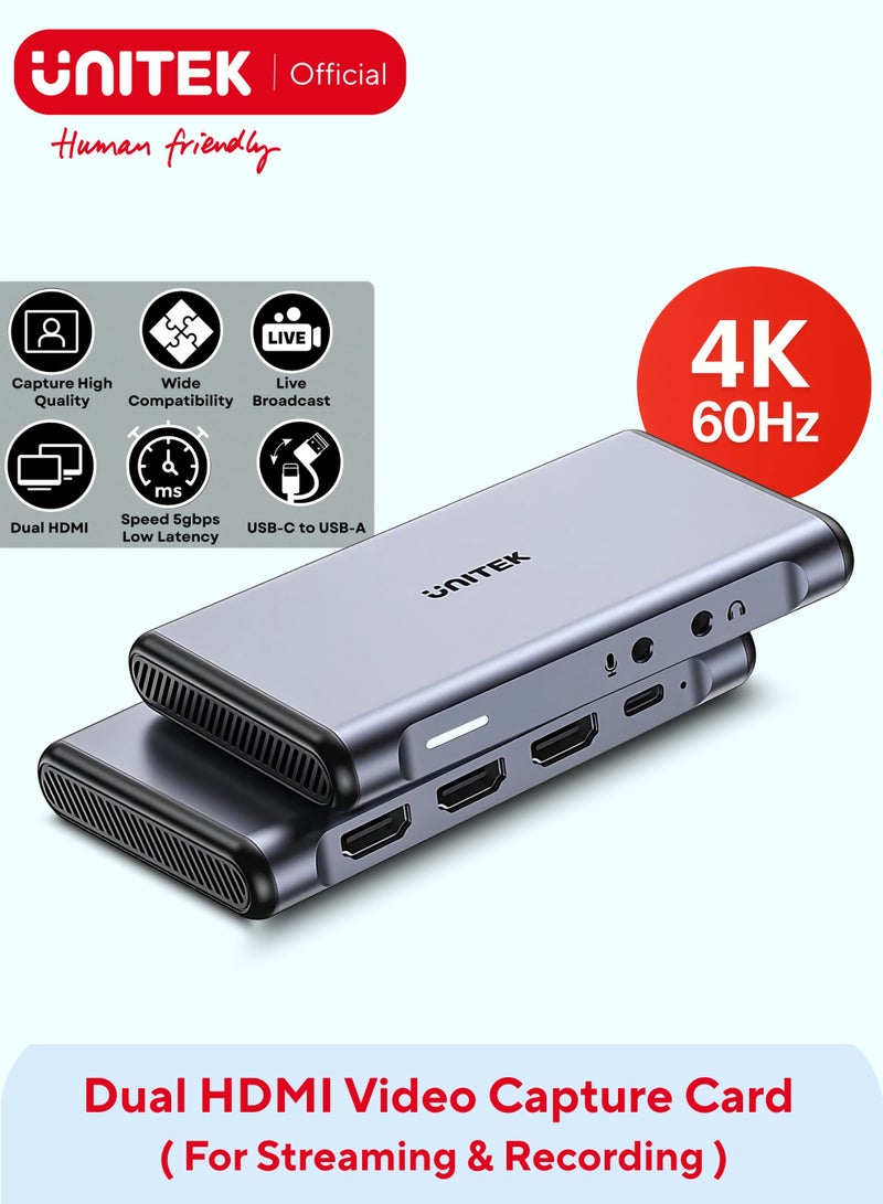 UNITEK 4K@60Hz Video Capture Card – Dual 4K HDMI Loop-Out, USB-C 5Gbps, Plug & Play for Gaming & Live Streaming - Image 1