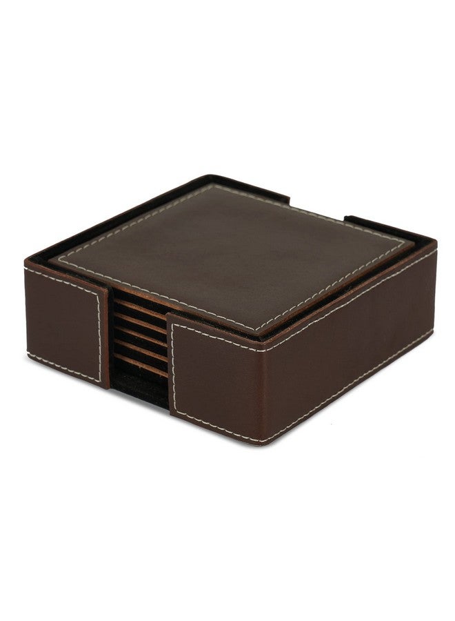 DECOWORLD || Genuine Buff Leather Tea Coasters Set of 6 with Stand || Coasters for Cups, Coffee Mugs, Drinks|| Coasters for Dining Table. Coffee Table for Home or Office Use (Brown) - Image 1