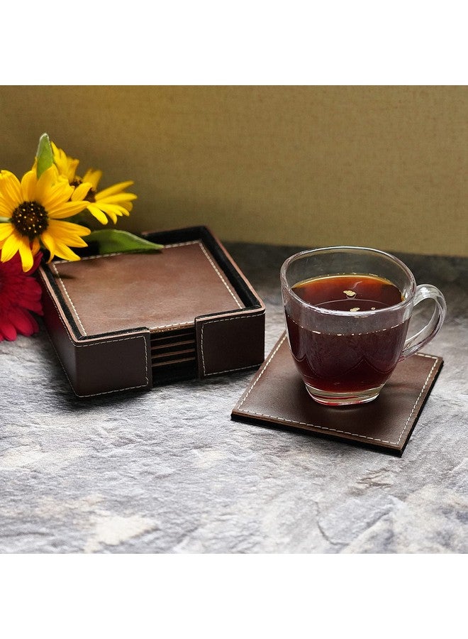 DECOWORLD || Genuine Buff Leather Tea Coasters Set of 6 with Stand || Coasters for Cups, Coffee Mugs, Drinks|| Coasters for Dining Table. Coffee Table for Home or Office Use (Brown) - Image 2