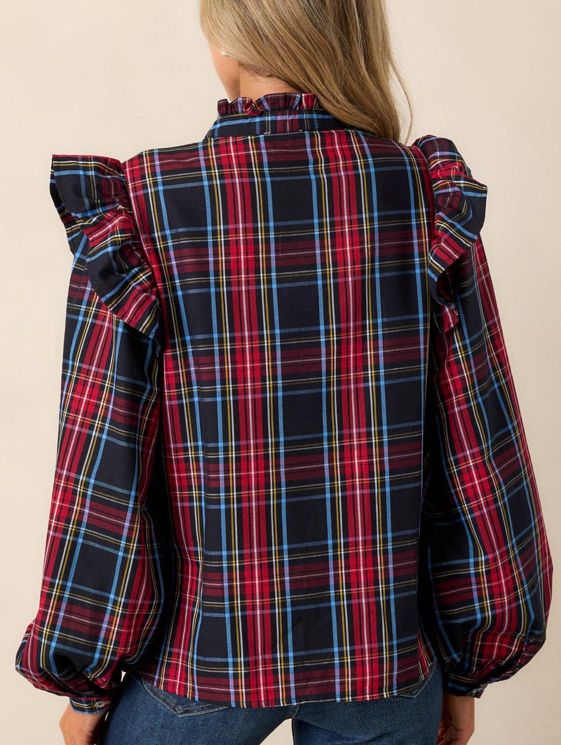 LifeShe Plaid Shirts for Women Ruffle Button Down Shirts Puff Long Sleeves Blouses Collared Casual Tops Blue - Image 2
