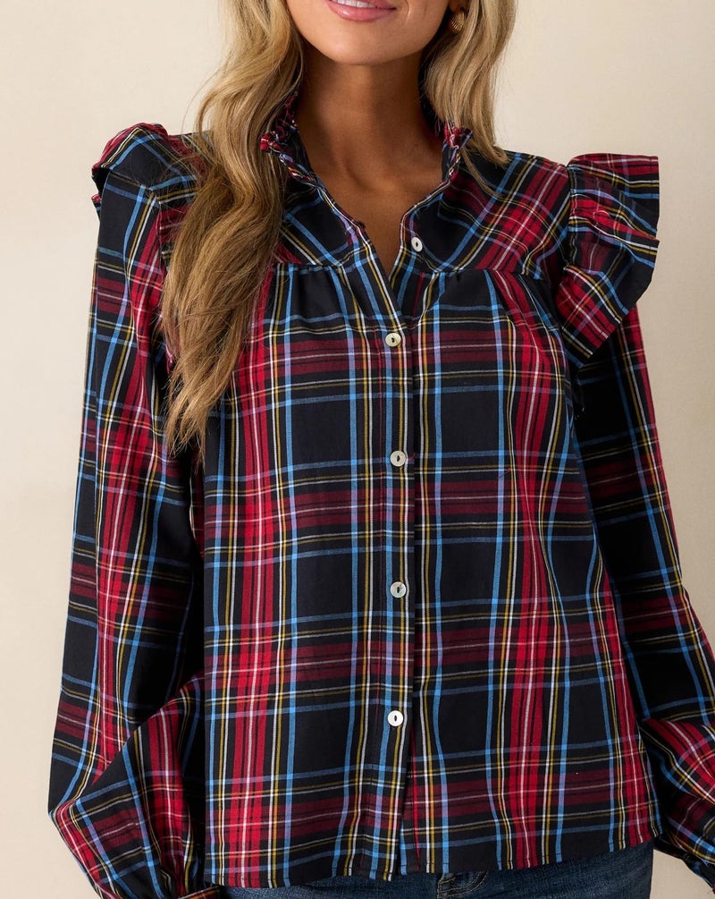 LifeShe Plaid Shirts for Women Ruffle Button Down Shirts Puff Long Sleeves Blouses Collared Casual Tops Blue - Image 5