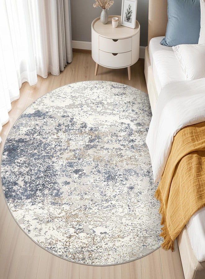 DMOYEST 5ft Round Area Rug Living Room Rugs - 5x5 Washable Large Soft Indoor Neutral Modern Abstract Low Pile Rug Carpet for Bedroom Dining Room Farmhouse Home Office - Beige Blue - Image 2