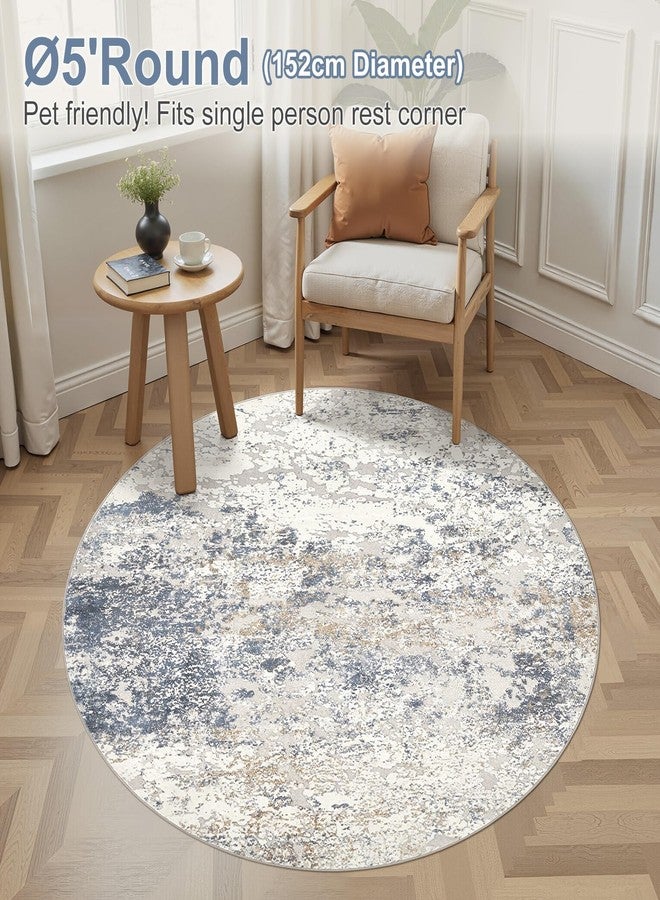 DMOYEST 5ft Round Area Rug Living Room Rugs - 5x5 Washable Large Soft Indoor Neutral Modern Abstract Low Pile Rug Carpet for Bedroom Dining Room Farmhouse Home Office - Beige Blue - Image 3