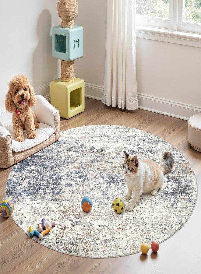 DMOYEST 5ft Round Area Rug Living Room Rugs - 5x5 Washable Large Soft Indoor Neutral Modern Abstract Low Pile Rug Carpet for Bedroom Dining Room Farmhouse Home Office - Beige Blue - Image 5