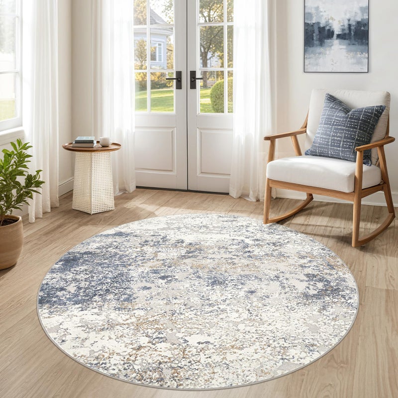 DMOYEST 5ft Round Area Rug Living Room Rugs - 5x5 Washable Large Soft Indoor Neutral Modern Abstract Low Pile Rug Carpet for Bedroom Dining Room Farmhouse Home Office - Beige Blue - Image 1