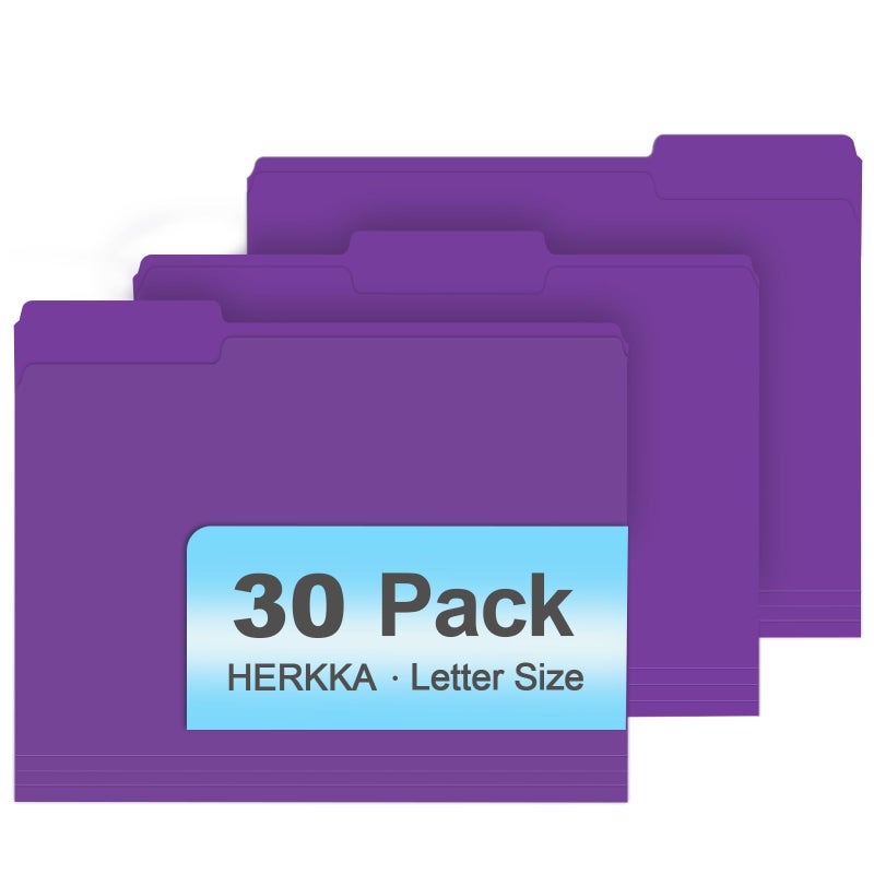 HERKKA File Folder, HERKKA 30 Pack 1/3 Cut Tab File Folders, File Folders Great for Organizing and Filing, Letter Size, Purple - Image 1