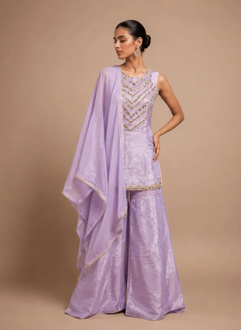 Lehar Lilac Mirror Embellished Sharara Set with Organza Dupatta