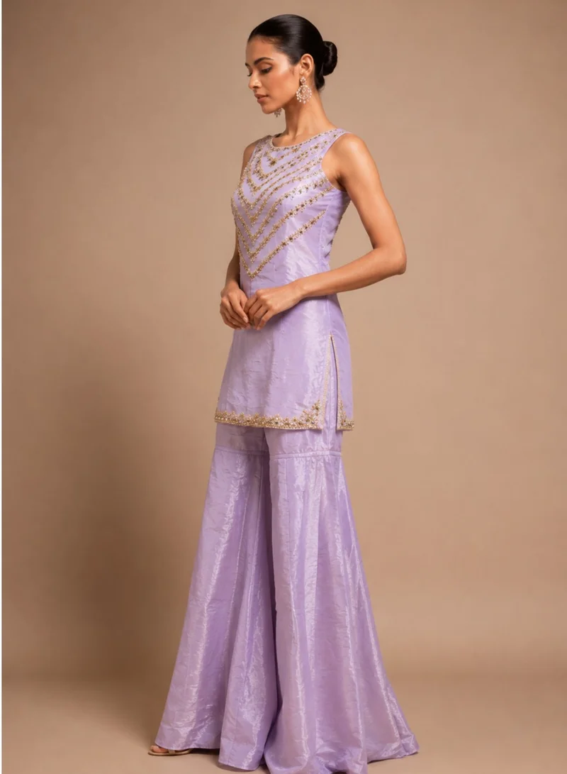 Lehar Lilac Mirror Embellished Sharara Set with Organza Dupatta