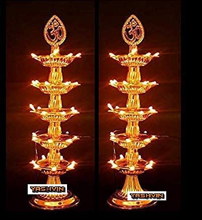 YASHVIN MAHA Pack || 5 Layer Jyot Diya for Pooja (Pack of 2) || 35 Light Maha-Diya || Electric Golden Light Diya Mandir || Made in India || SHM110 - Image 1