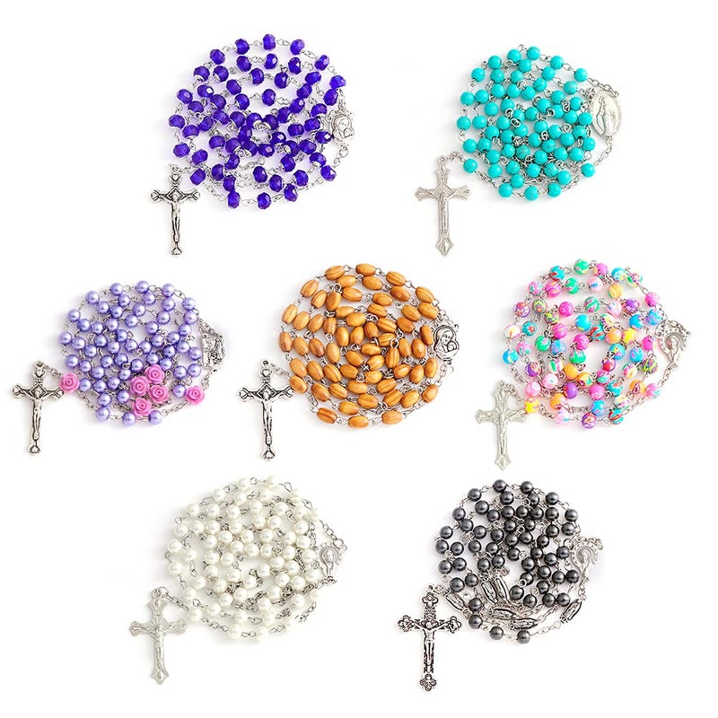YWLI 7 PCS Rosary Beads Catholic for Woman - Confirmation Gifts, 7 Day Rosary, Various Styles of Rosary Necklace Set, Cross Necklace for Women - Image 1