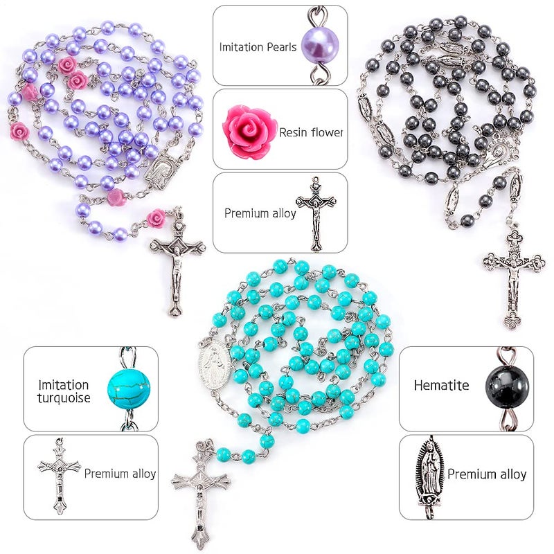 YWLI 7 PCS Rosary Beads Catholic for Woman - Confirmation Gifts, 7 Day Rosary, Various Styles of Rosary Necklace Set, Cross Necklace for Women - Image 3