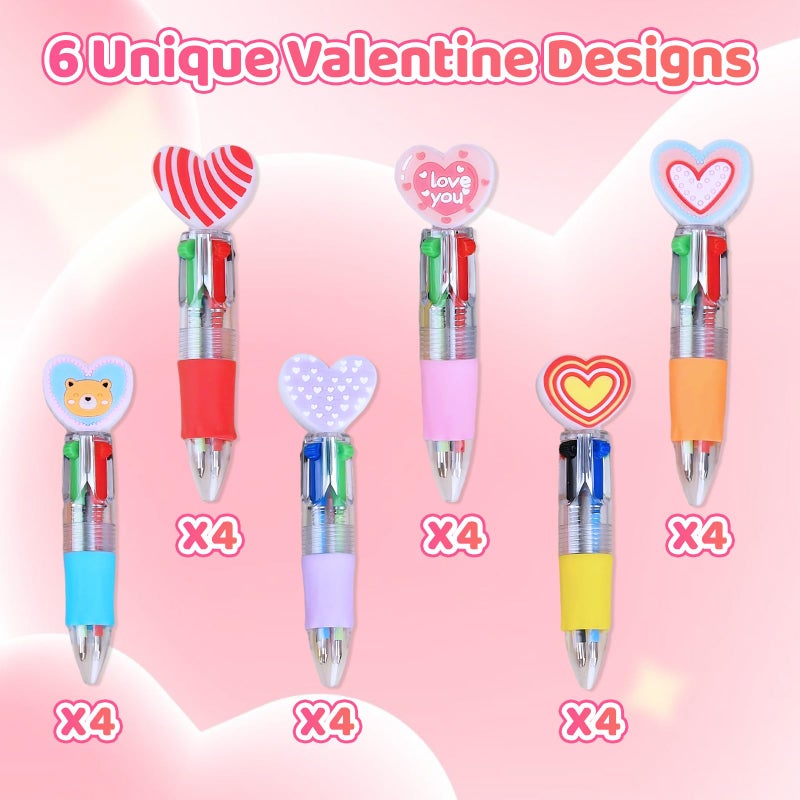Zhirlyn 24 Pcs Valentine Multicolor Pens in One 4-in-1 Cute Kawaii Fun Pen Heart Ballpoint Pen for Holiday Party, Classroom Gifts & Valentine's Stocking Stuffers (Valentine) - Image 2