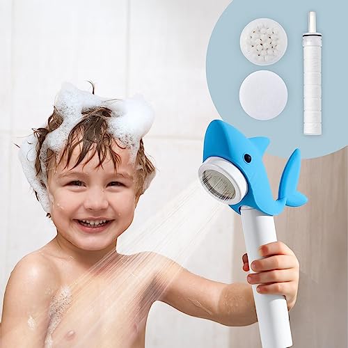 Barumi Livo Handheld Filtered Showerhead for Kids Shark Blue Micro LaserCut for Soft Water Spray MultiLevel Filtration Removes Chlorine and Impurities for Skin and Hair - Image 1