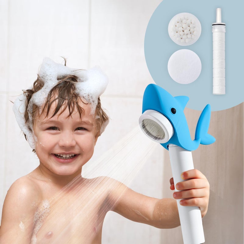 Barumi Livo Handheld Filtered Showerhead for Kids Shark Blue Micro LaserCut for Soft Water Spray MultiLevel Filtration Removes Chlorine and Impurities for Skin and Hair - Image 2