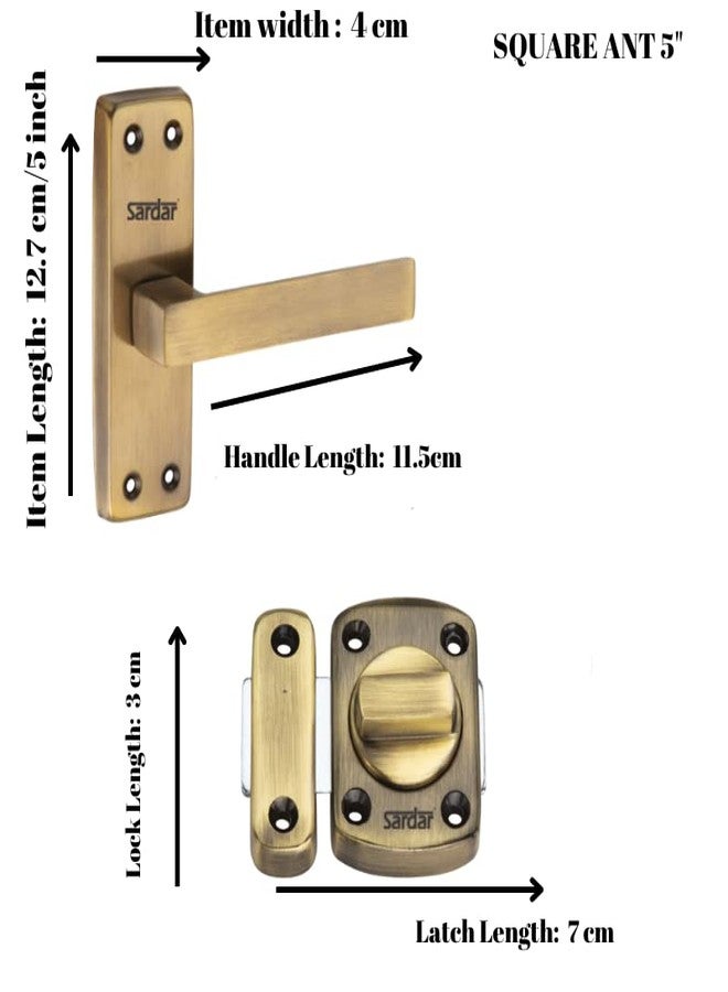 SARDAR Square 5" Antique Stainless Steel Bathroom Door Handle Set With Keyless Baby Latch-Tower Bolt/Rotary Latch, Pull Handle - Image 2
