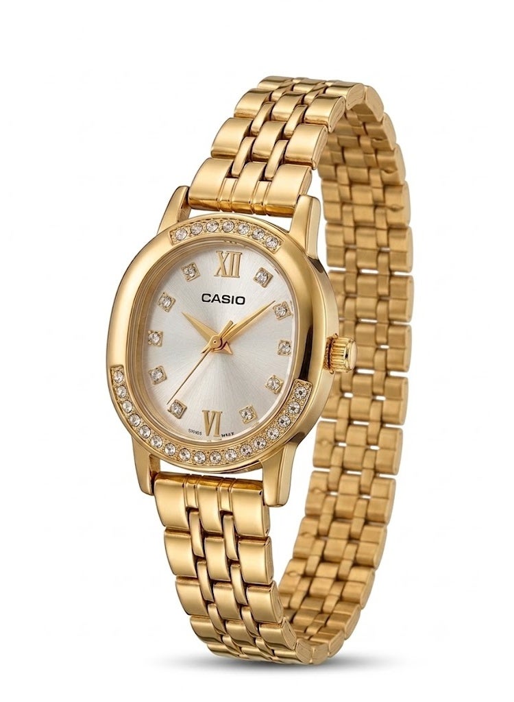 Casio Women's Oval Gold-Tone Watch with Crystal Bezel and Stainless Steel Bracelet