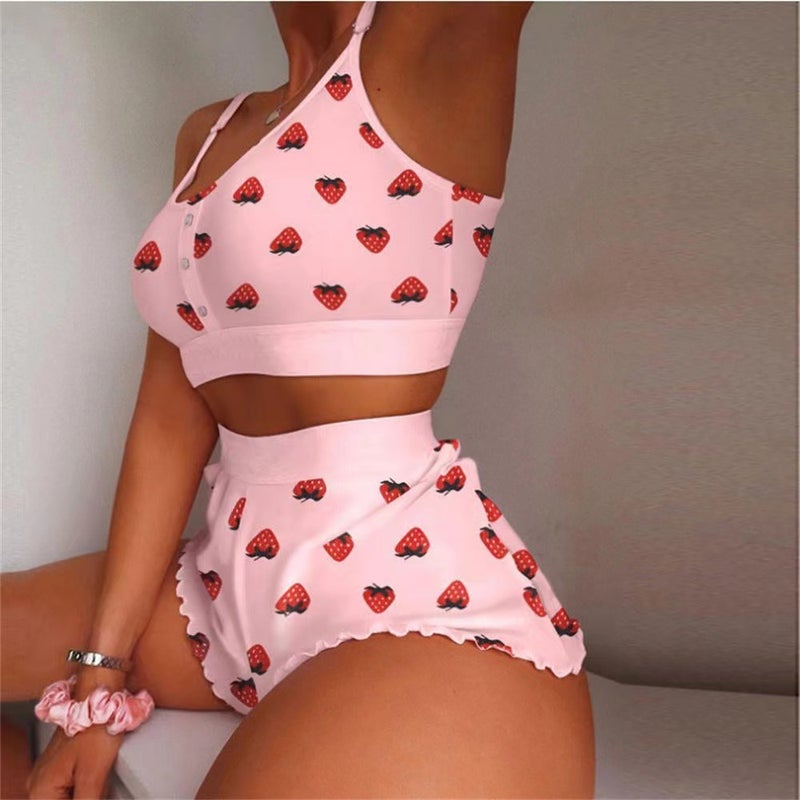 Generic Amazon European and American Foreign Trade Cross-border Sales Fun Fashion Strawberry Printing Lace Sling Two-piece Home Clothes Pink Strawberry Set