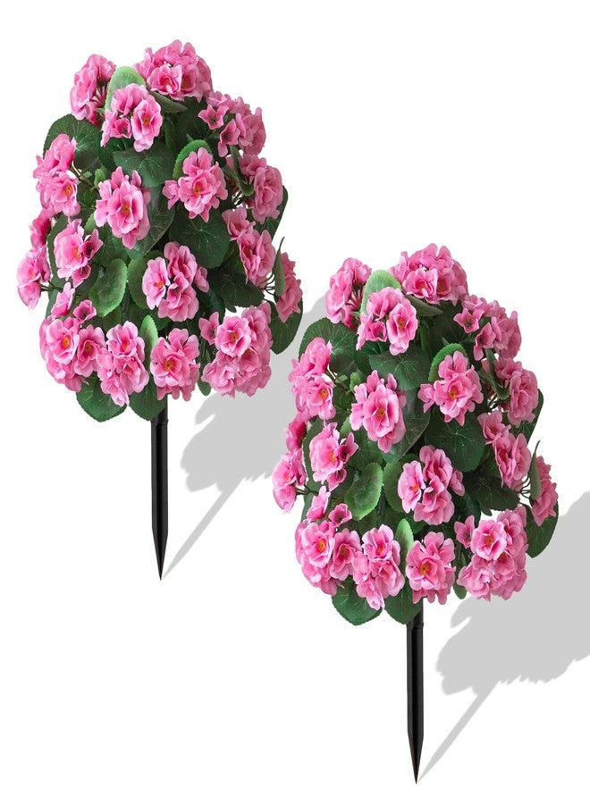 RETROSOHOO Artificial Topiary Set of 2 for Outdoor with Begonia Flower, Faux Topiary Boxwood Ball Tree with Ground Spike, UV Resistance Fake Shrubs Bushes Evergreen Plant for Indoor Garden Front Porch (Pink) - Image 1