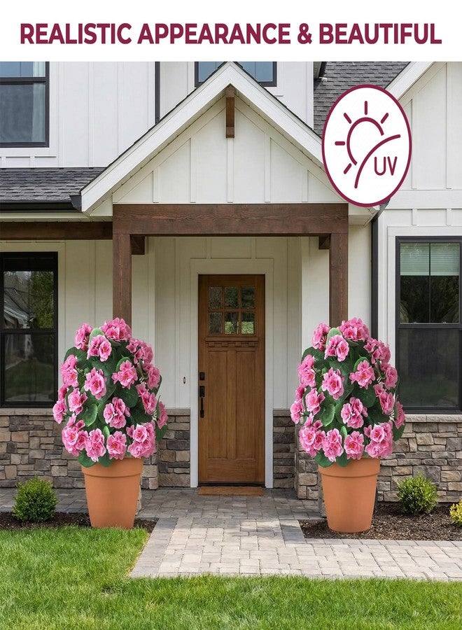 RETROSOHOO Artificial Topiary Set of 2 for Outdoor with Begonia Flower, Faux Topiary Boxwood Ball Tree with Ground Spike, UV Resistance Fake Shrubs Bushes Evergreen Plant for Indoor Garden Front Porch (Pink) - Image 2