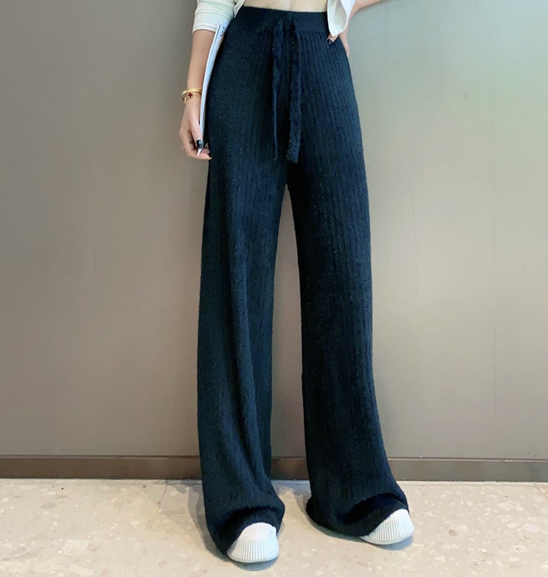 High Waist Thickened Mink Velvet Knitted Wide Leg Pants Womens Autumn and Winter Loose Straight Casual Soft Waxy Sweater Pants Pink  - Image 2