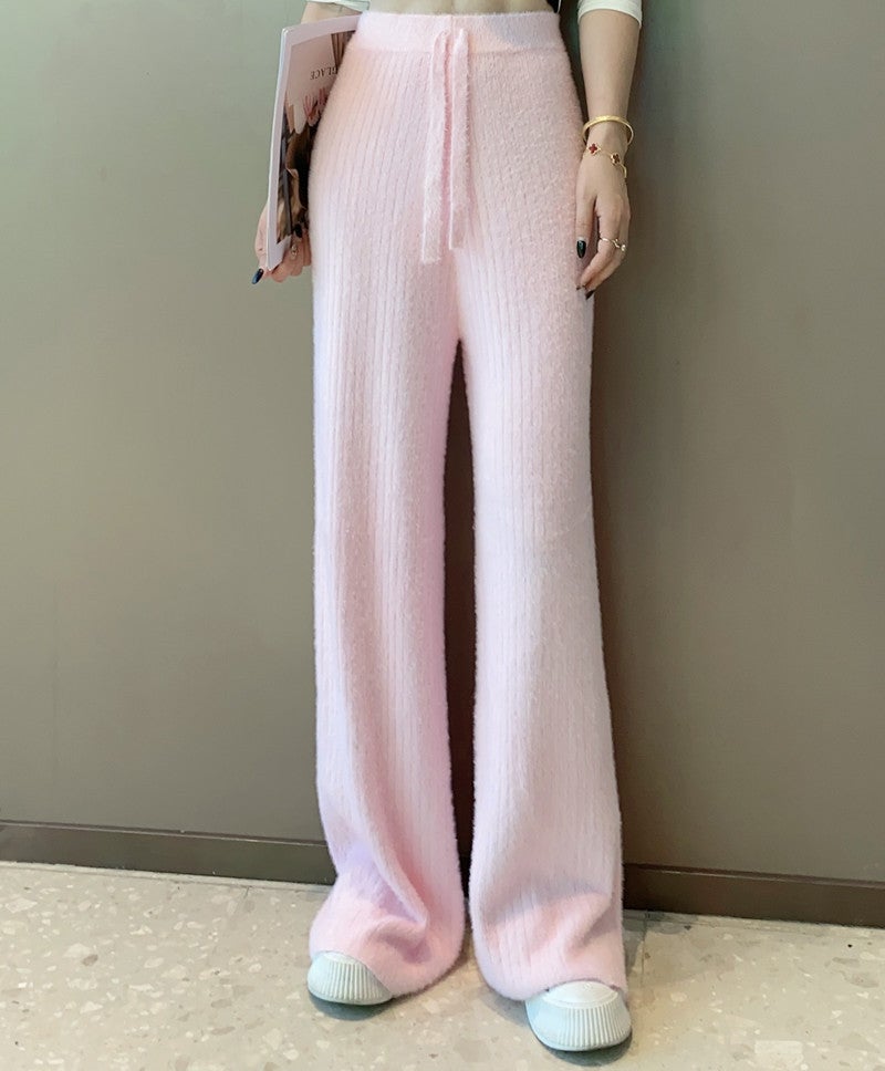 High Waist Thickened Mink Velvet Knitted Wide Leg Pants Womens Autumn and Winter Loose Straight Casual Soft Waxy Sweater Pants Pink  - Image 1
