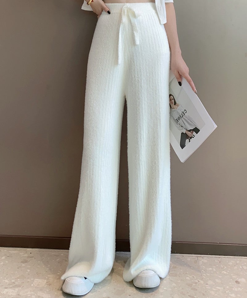 High Waist Thickened Mink Velvet Knitted Wide Leg Pants Womens Autumn and Winter Loose Straight Casual Soft Waxy Sweater Pants Pink  - Image 3