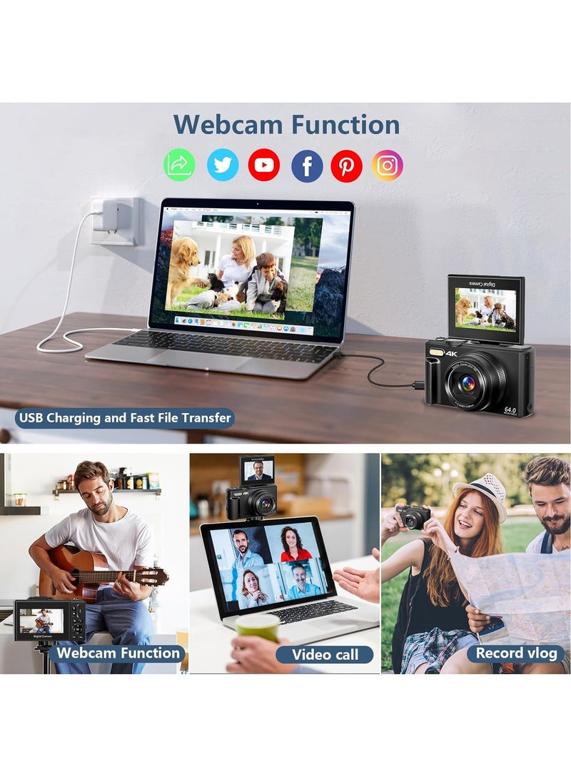 4K Camera for Photography, WiFi 64MP Autofocus Vlogging YouTube with 3 180°Flip Screen, 18X Zoom Compact Travel 2 Batteries, 64G SD Card, Black - Image 4
