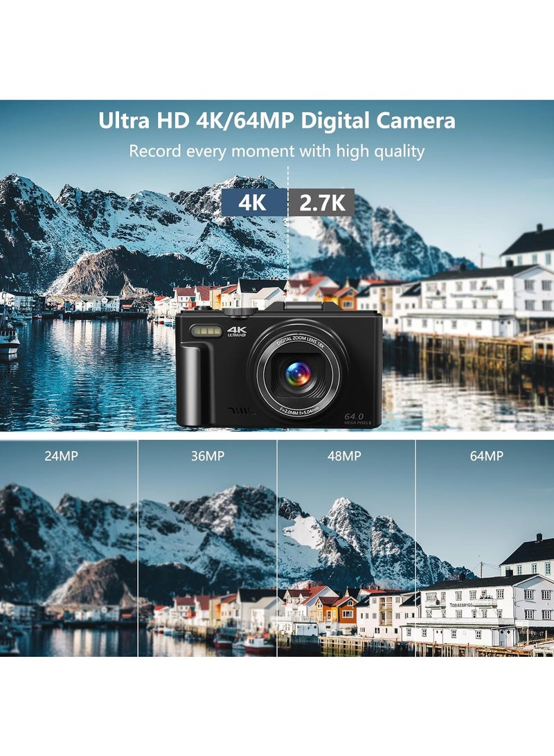 4K Camera for Photography, WiFi 64MP Autofocus Vlogging YouTube with 3 180°Flip Screen, 18X Zoom Compact Travel 2 Batteries, 64G SD Card, Black - Image 2
