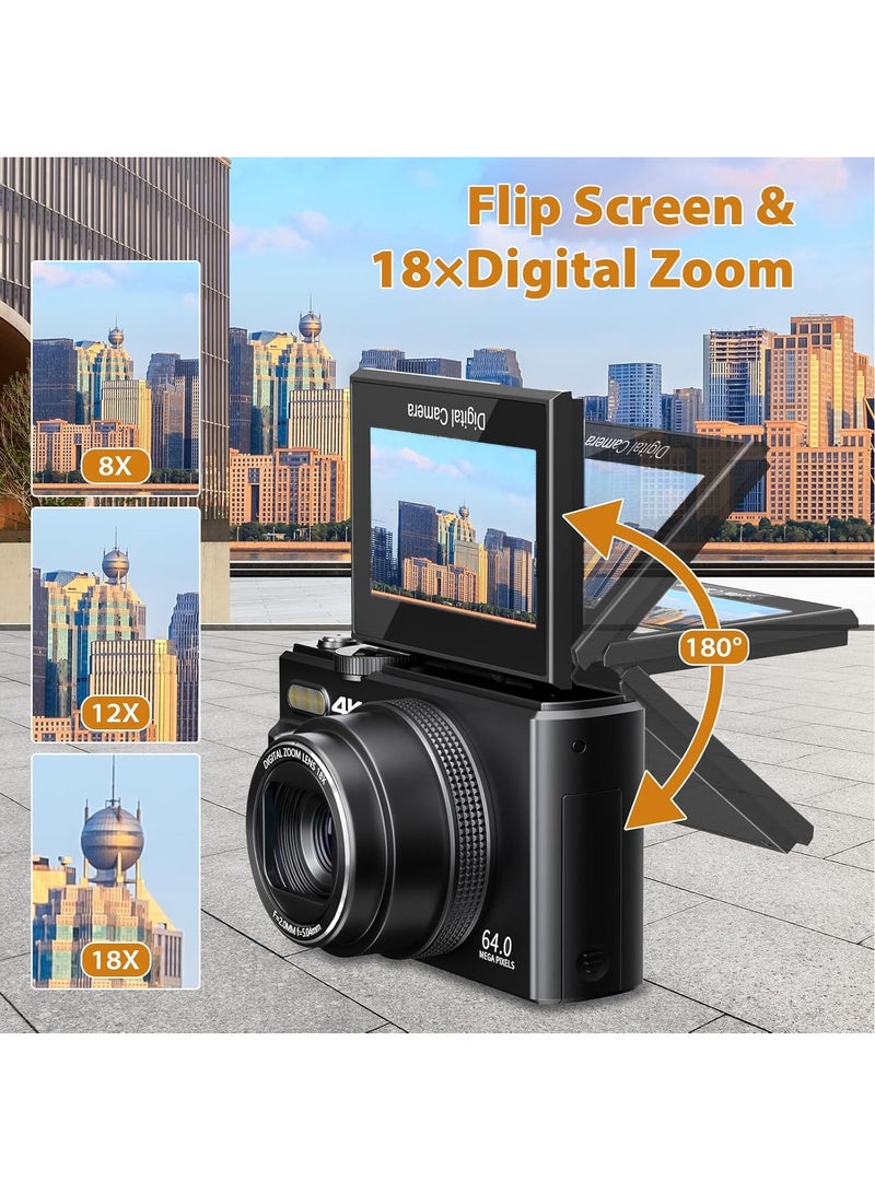 4K Camera for Photography, WiFi 64MP Autofocus Vlogging YouTube with 3 180°Flip Screen, 18X Zoom Compact Travel 2 Batteries, 64G SD Card, Black - Image 5