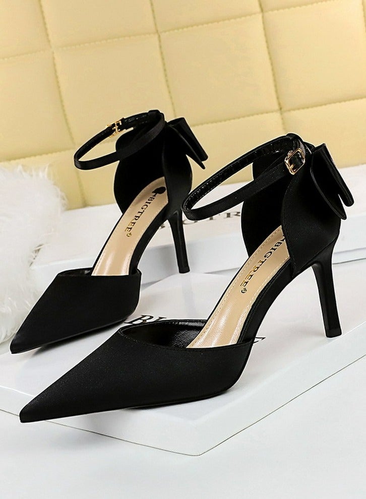 بيج تري Women's Closed Pointed Toe 8 CM High Heels with Bow Knot Ankle Strap Satin Stiletto Pumps Black