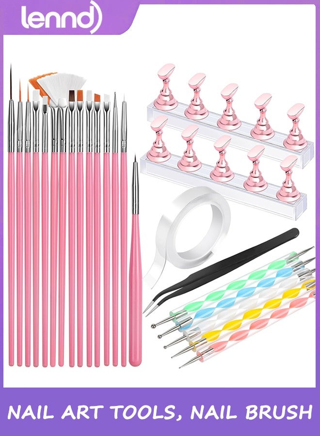 LENND Nail Art Tools, Nail Brush, 15 PCS Nail Art Brushes, 5 PCS Nail Dotting Tool, Nail Stand, Nail Holder For Painting Nails, Press On Nail Stand, Nail Tools, Nail Design Tools - Image 1