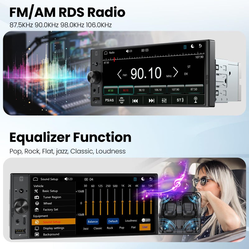 Missee راديو سيارة 6.9 بوصة بنظام دين واحد مع Apple CarPlay و Android Auto، ستيريو سيارة بشاشة تعمل باللمس IPS مع كاميرا خلفية بدقة 1080P، بلوتوث بدون استخدام اليدين، ربط مرآة، نظام ملاحة GPS، AM/FM، EQ، USB، Type-C، SWC - Image 5