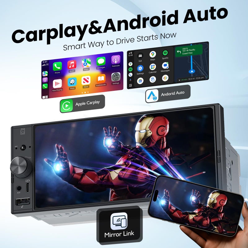 Missee راديو سيارة 6.9 بوصة بنظام دين واحد مع Apple CarPlay و Android Auto، ستيريو سيارة بشاشة تعمل باللمس IPS مع كاميرا خلفية بدقة 1080P، بلوتوث بدون استخدام اليدين، ربط مرآة، نظام ملاحة GPS، AM/FM، EQ، USB، Type-C، SWC - Image 3