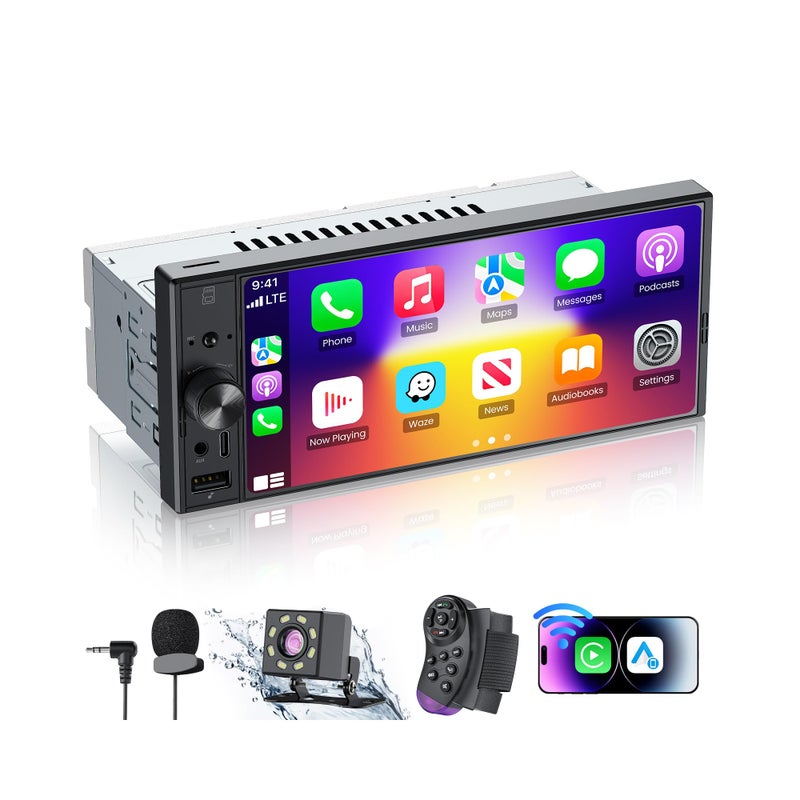 Missee راديو سيارة 6.9 بوصة بنظام دين واحد مع Apple CarPlay و Android Auto، ستيريو سيارة بشاشة تعمل باللمس IPS مع كاميرا خلفية بدقة 1080P، بلوتوث بدون استخدام اليدين، ربط مرآة، نظام ملاحة GPS، AM/FM، EQ، USB، Type-C، SWC - Image 1