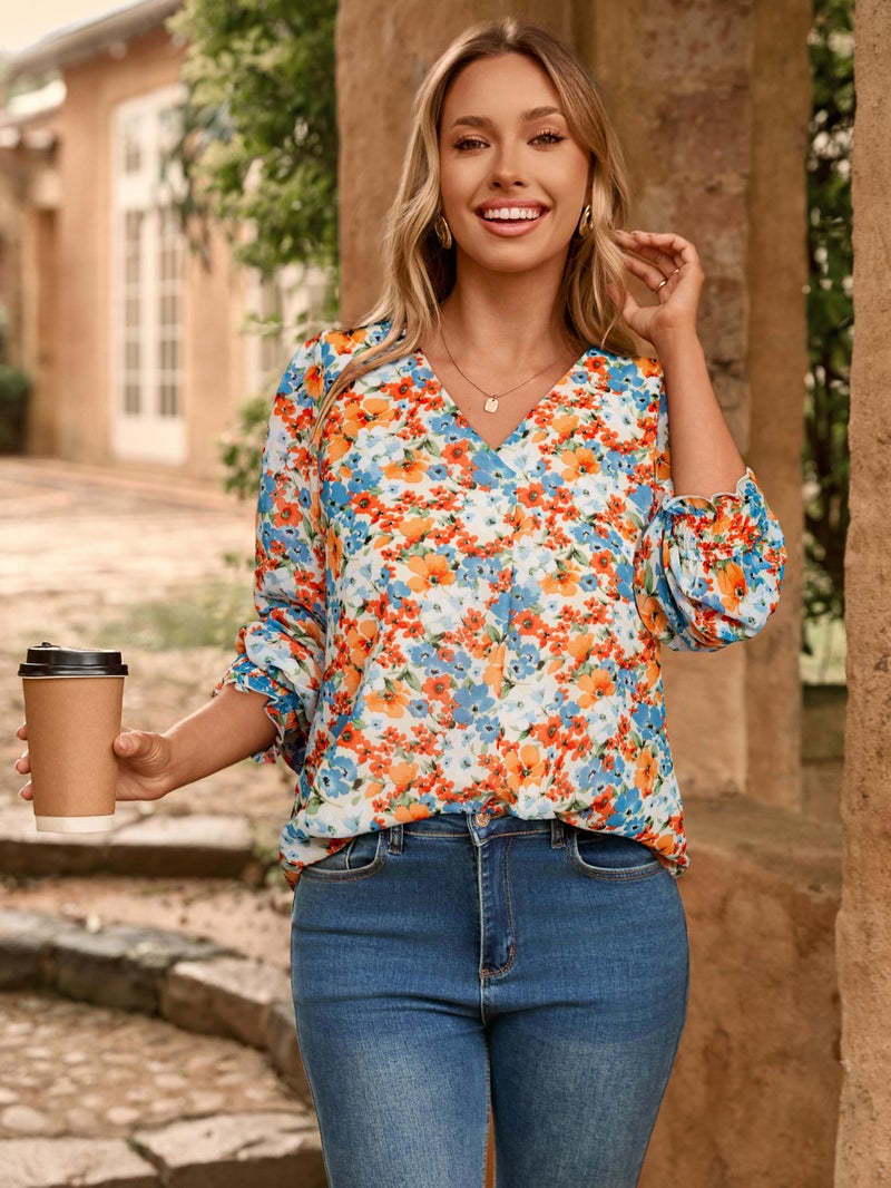 Simplee Womens Work Business Casual Tops Fall Long Sleeve Dressy Boho Floral Blouse 2025 Trendy Shirts (Orange Floral S) - Image 2
