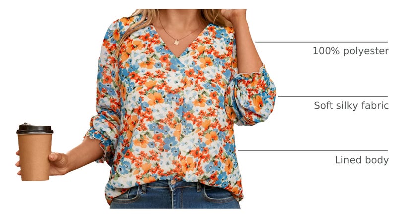 Simplee Womens Work Business Casual Tops Fall Long Sleeve Dressy Boho Floral Blouse 2025 Trendy Shirts (Orange Floral S) - Image 4