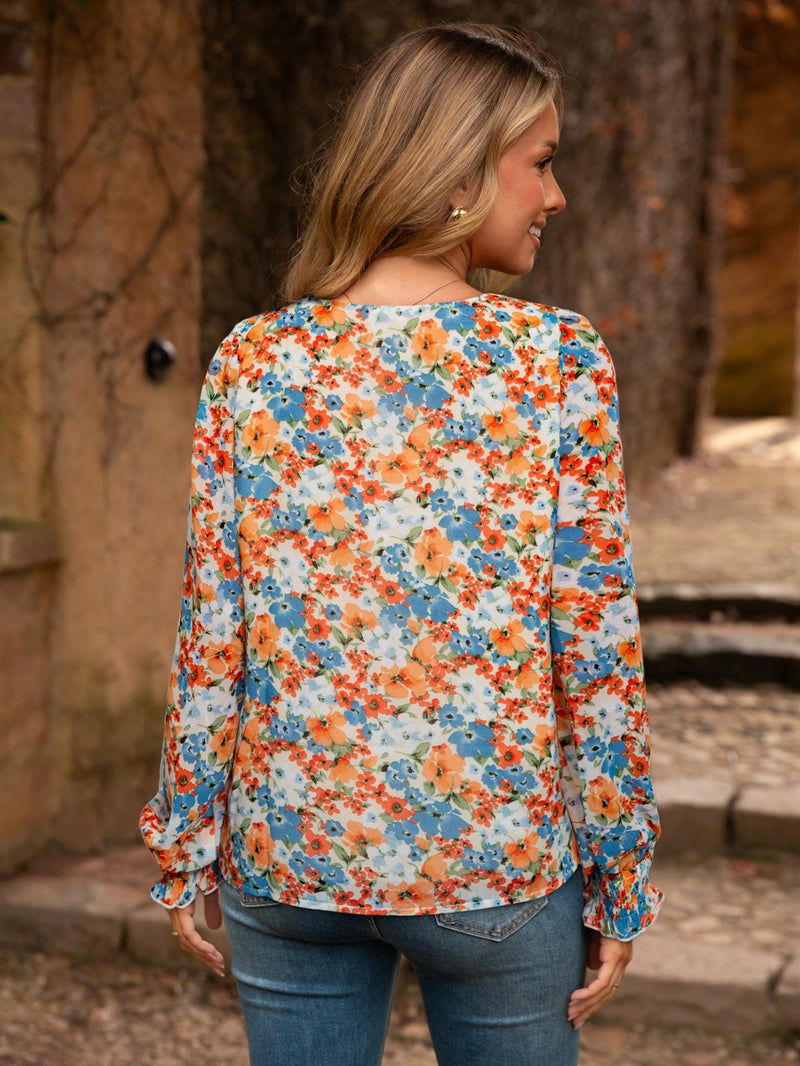 Simplee Womens Work Business Casual Tops Fall Long Sleeve Dressy Boho Floral Blouse 2025 Trendy Shirts (Orange Floral S) - Image 5