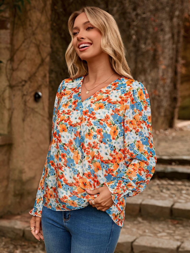 Simplee Womens Work Business Casual Tops Fall Long Sleeve Dressy Boho Floral Blouse 2025 Trendy Shirts (Orange Floral S) - Image 3