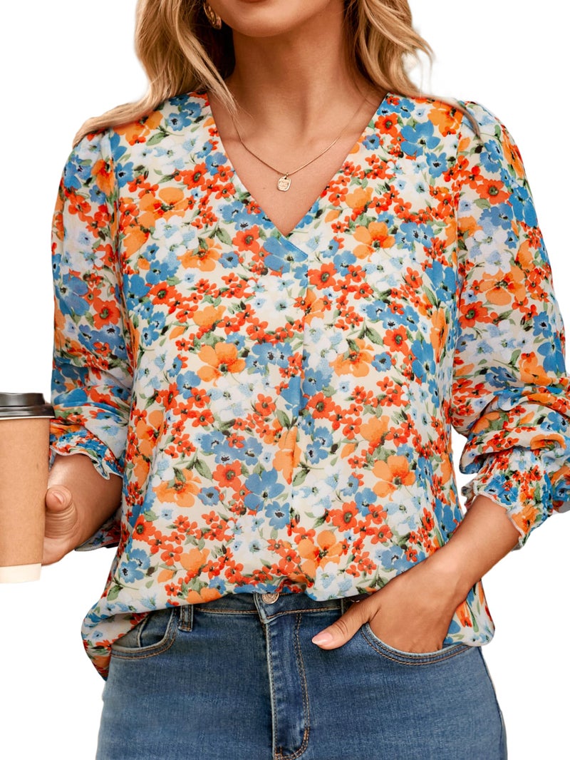 Simplee Womens Work Business Casual Tops Fall Long Sleeve Dressy Boho Floral Blouse 2025 Trendy Shirts (Orange Floral S) - Image 1