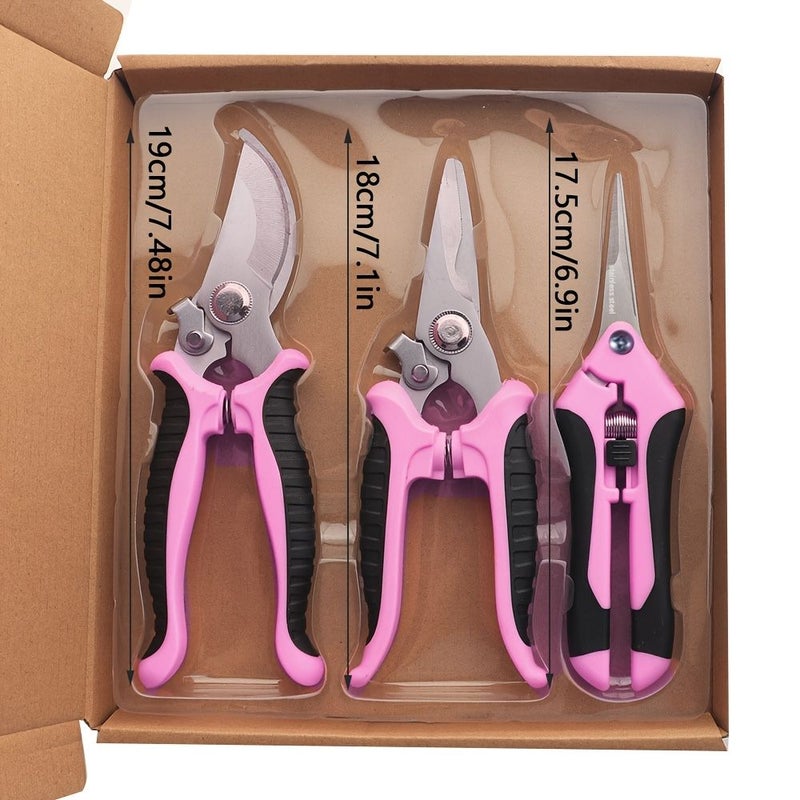مقصات تقليم احترافية زهرية اللون من مجموعة عدد يدوية للحديقة، 3 قطع من الفولاذ المقاوم للصدأ - Image 3