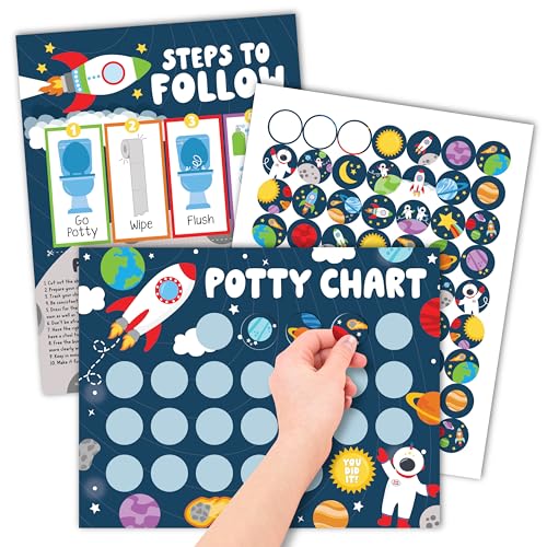 Hadley Designs Potty Training Chart for Boys with Fun Reward Stickers – 10 Potty Chart for Toddlers Boys, 8.5x11" Potty Training Sticker Chart for Toilet Success, Space Reward Chart for Kids - Image 1