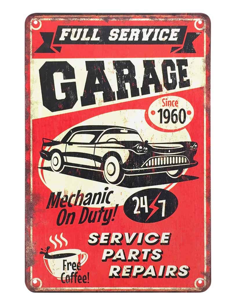 AOYEGO Full Service Garage Tin Sign,Mechanic On Duty 24-7 Car Service Parts Repairs and Drink Coffee Vintage Metal Tin Signs for Cafes Bars Pubs Shop Wall Decorative Funny Retro Signs 8x12 Inch - Image 1