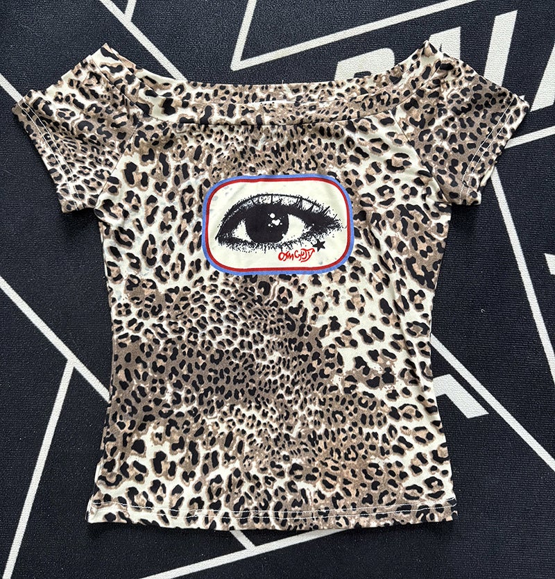 Ins Leopard Print Eye Print Retro Millennium Slim Top One-Shoulder Short-Sleeved T-Shirt - Image 1