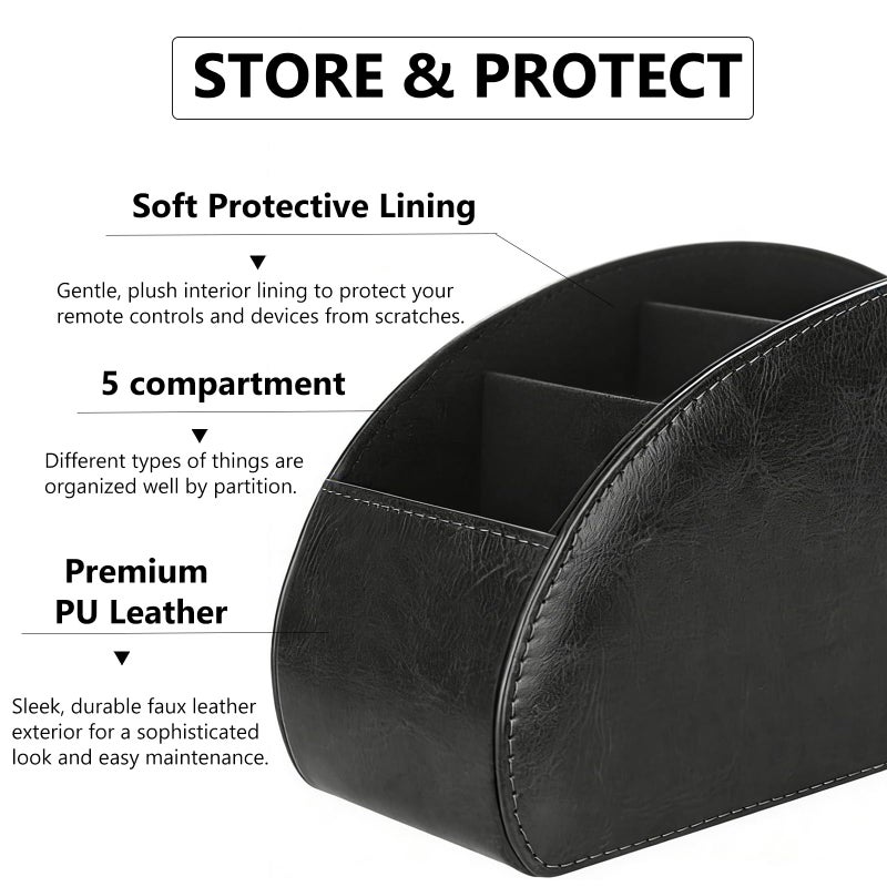 Lepat Remote Control Holder with 5 Compartments,Pu Leather Desktop Organiser Storage Caddy for TV Remote,Office Supplies,Heater Controllers,Media Player,Makeup Brushes (Black) - Image 2