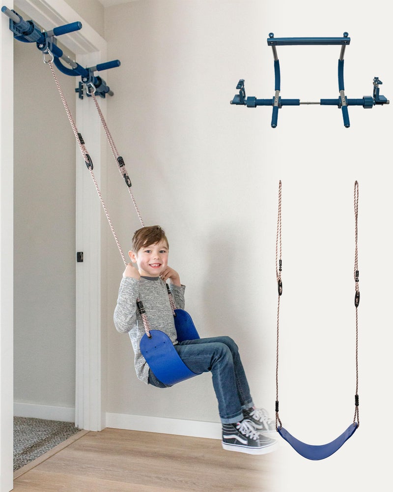 Gym1 Gym1 2Piece Doorway Gym for Kids Includes Door Sensory Swing Indoor PullUp Bar for Adults Rings Hanging Trapeze Ladder  Knotted Rope Holds Up to 300 Lbs  Blue 