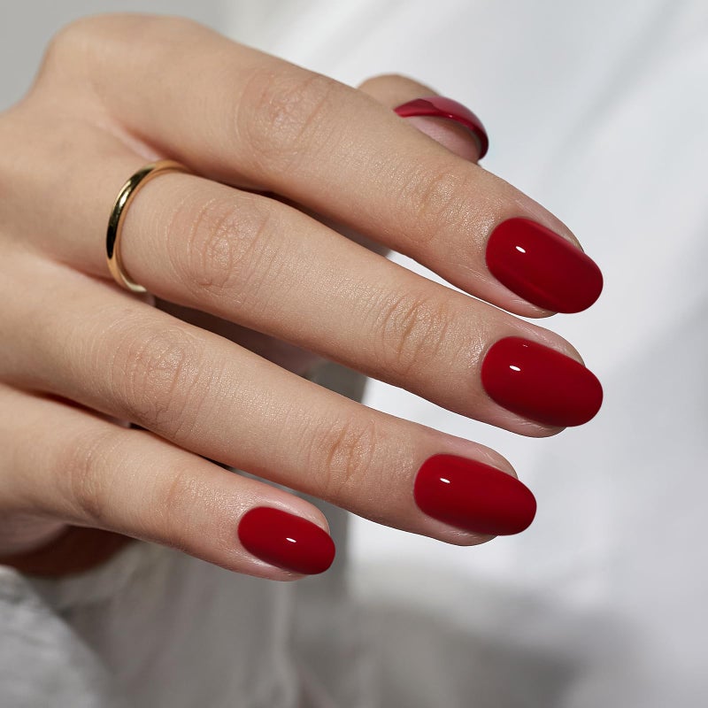 BTArtbox Press On Nails Short - Red Press on Nails Short Oval Nails Fake Nail with Nail Glue, Fit Perfectly, Reusable Glue On Nails in 16 Sizes, Cardinal - Image 1