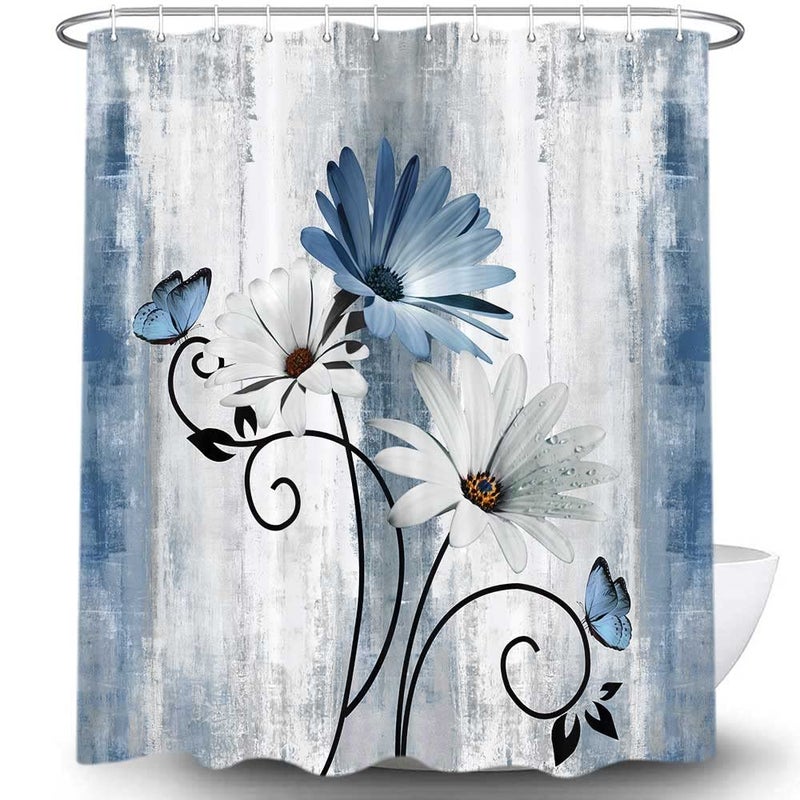 VeiVian Rustic Farmhouse Shower Curtain, Farm Blue Daisy Floral Flowers and Butterfly on Country Wooden Shower Curtain for Bathroom with 12PCS Hooks, 70X70IN, Turquoise Blue - Image 4