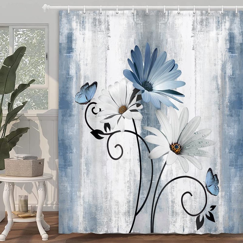 VeiVian Rustic Farmhouse Shower Curtain, Farm Blue Daisy Floral Flowers and Butterfly on Country Wooden Shower Curtain for Bathroom with 12PCS Hooks, 70X70IN, Turquoise Blue - Image 2